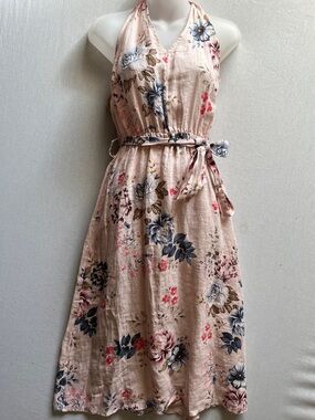 Valentina Naldi Made In Italy 100% Linen Floral Halter Midi Dress Pink Size S